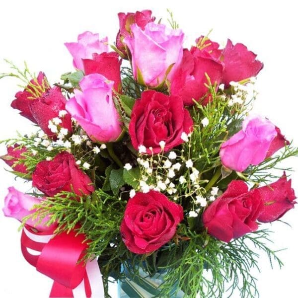 Red & pink Roses in a vase, close up