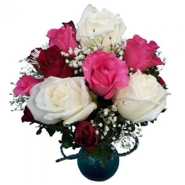 Red, pink & white Roses in a vase