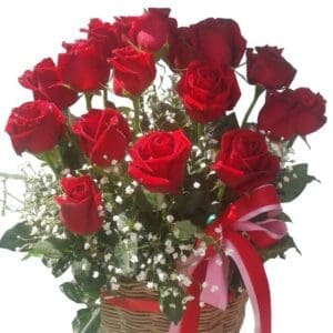 Red roses in a basket, close up