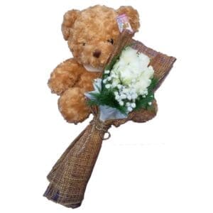 Traditional brown Teddy Bear together with a bunch of White Rose