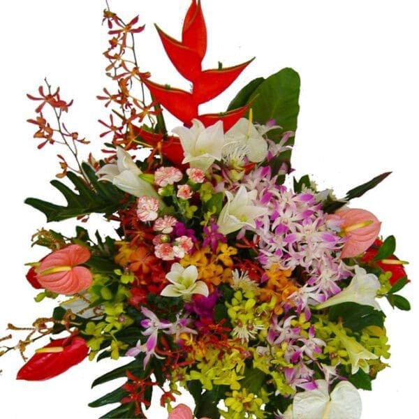 Selection of seasonal tropical flowers in a basket close up