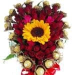 Chocolates, Red Roses and Sunflower Heart Basket close