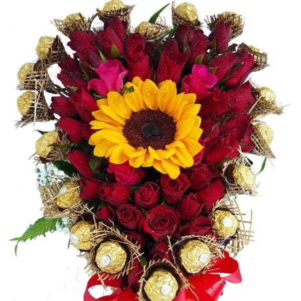 Chocolates, Red Roses and Sunflower Heart Basket, close-up