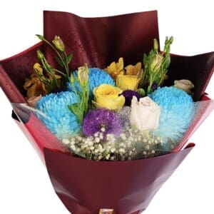 Large Blue Pompom Chrysanthemums in a mixed bouquet - close